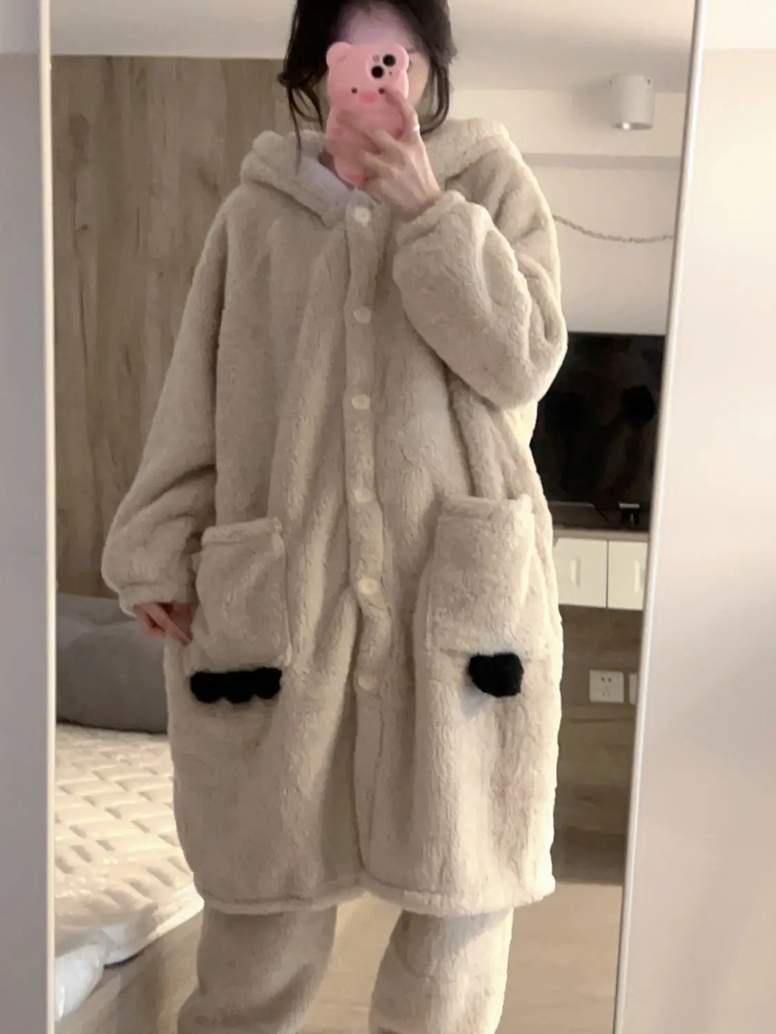 Winter New Women\'s Hooded Robe With Pant Thicken Flannel Warm Home Clothes Long Sleep Dress Cute Bear Design Fluffy Pyjamas Set