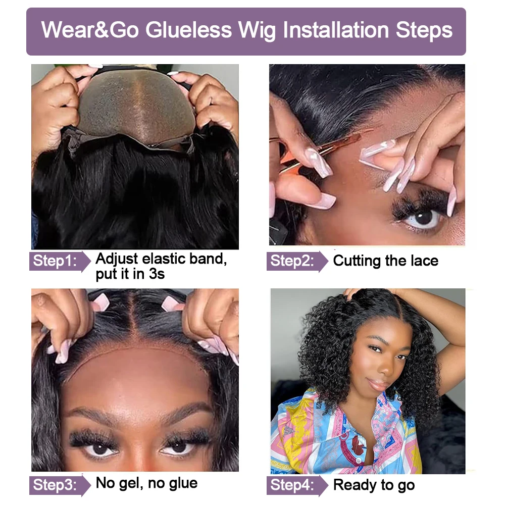 250密度ディープウェーブ人毛ウィッグ 13x6 HDレースフロントウィッグ グルーレスカーリー人毛ウィッグ フロントキンキーショートカーリーボブ ウォーターブレイド