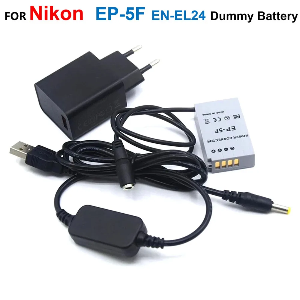 

EP-5F DC Coupler EN-EL24 ENEL24 Fake Battery+Quick Charger Adapter+Power Bank USB Cable For Nikon 1 J5 1J5 Camera