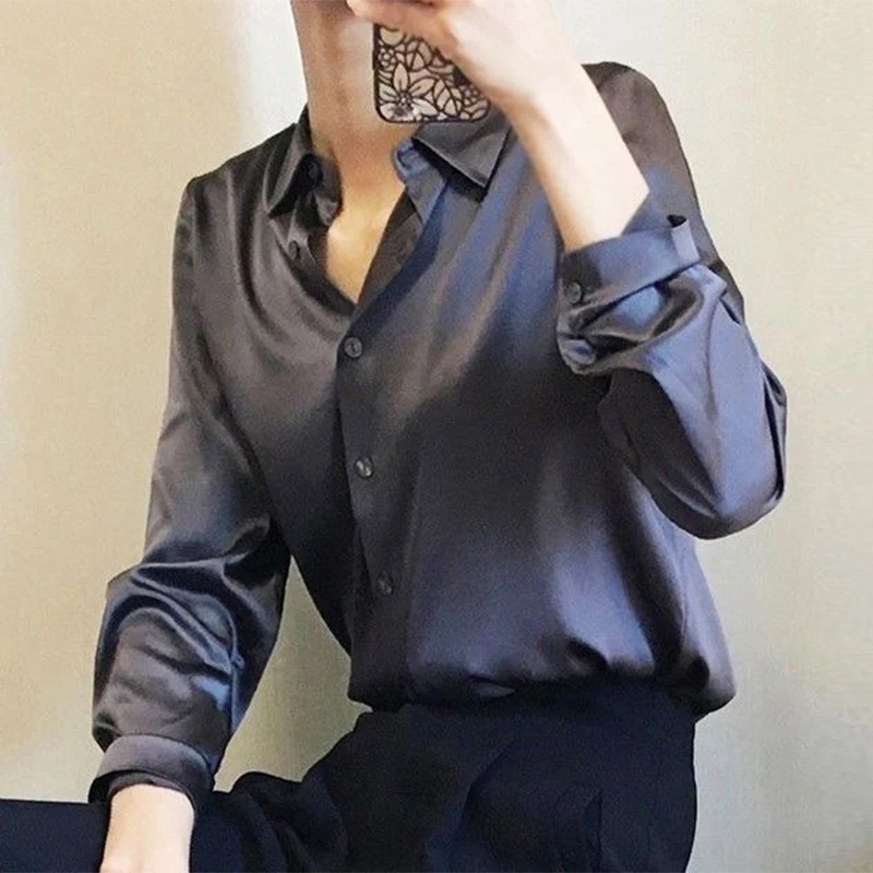 

Office Lady Tops Loose Satin Shirt Women Elegant Long Sleeve Solid Silk Blouses Women Casual Button Shirts Female Clothing 23229