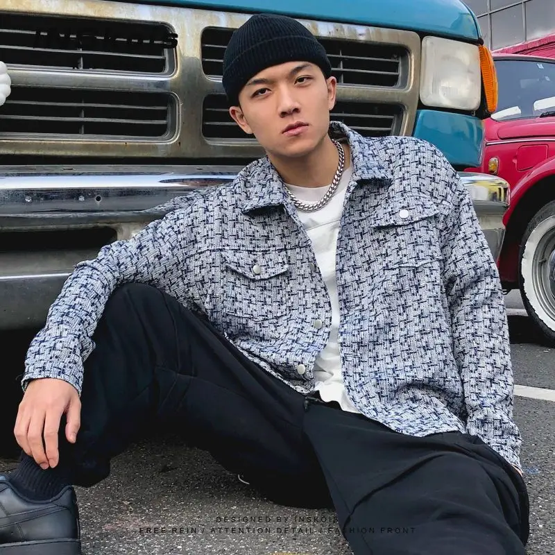 

Retro Braided Plaid Jacket Men's Street Oversize Couple Shirt Jackets Single Breasted Long Sleeves Turn Down Collar Coat