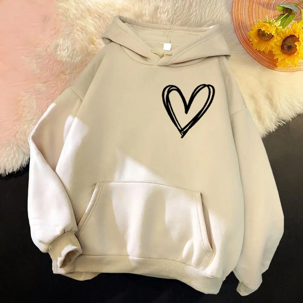 

Women Autumn Winter Heart Print Pullover Sweatshirt Drawstring Hooded Stand Collar Long Sleeve Pocket Student Hoodie Streetwear