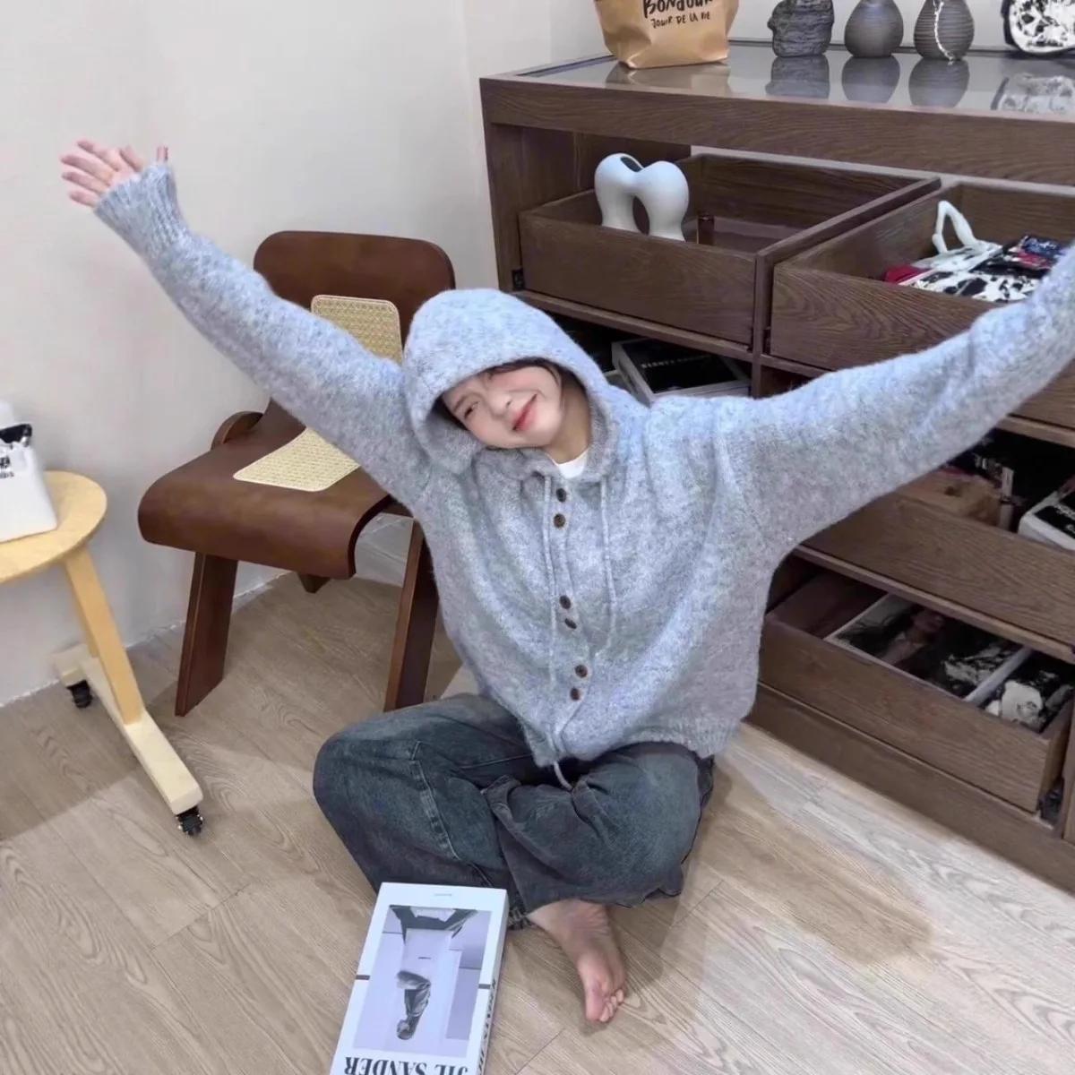 Damesvest met capuchon voor herfst en winter Dikke Koreaanse stijl Losse en luie stijl Zachte gebreide trui Jas Top