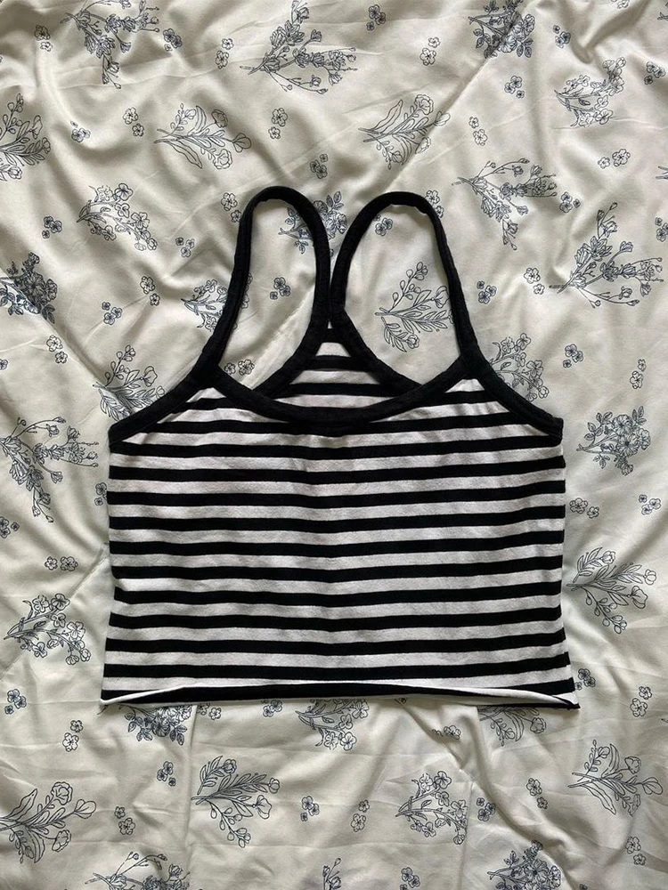 

Vintage Bla Letter T-irt Top plus Stripe Strap American Retro Design Two-Piece Set Women's Faion Summer Thin Cotton Blend