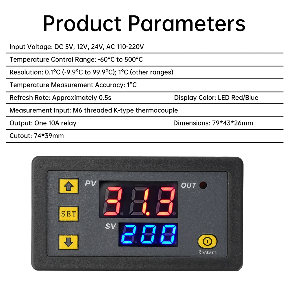 W3230 Termocoppia digitale ad alta precisione di tipo K Regolatore di temperatura -60 ~ 500 gradi Uscita relè DC 5 V/12 V/24 V CA 110-220 V