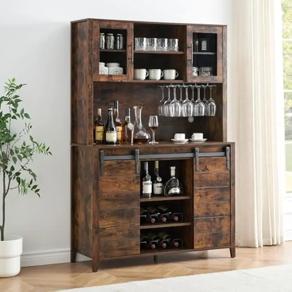

70'' Wine Coffee Bar Cabinet with Storage Hutch, Tall Kitchen Pantry Liquor Cabinets with Sliding Barn Doors, Bar Cabinet