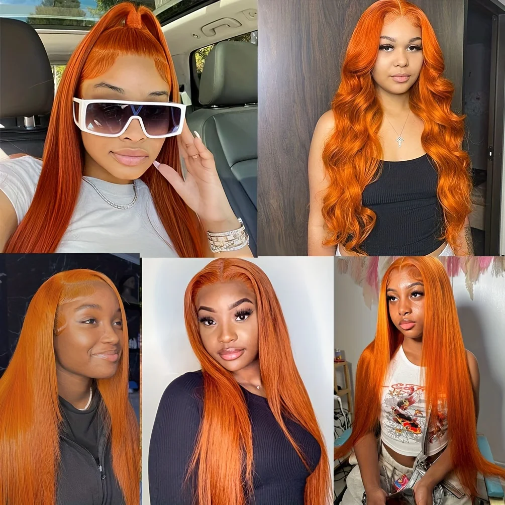 Perruque Lace Front Wig naturelle brésilienne lisse, cheveux lisses, 13x4 13x6, pre-plucked, orange, 36 pouces, pour femmes