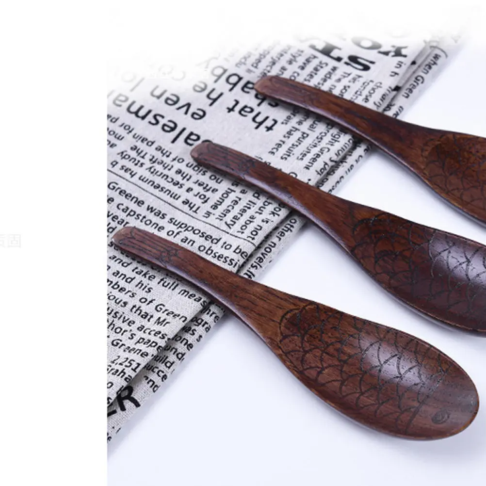 Cuchara de Madera Estilo Japonés Vintage con Diseño de Escamas de Pescado, Resistente al Calor, Ideal para Sopa, Arroz y Otros Alimentos