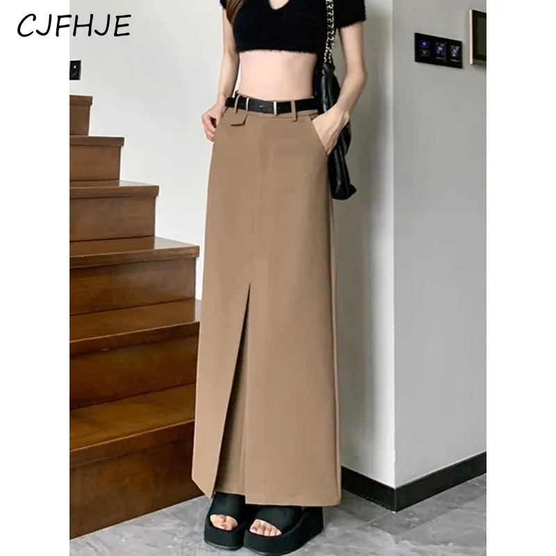 CJFHJE Design Fashion Khaki Grey Skirt with Belt Korean Elegant Office Ladies Slim Fit Long Shirt Skirt Plain Suit Skirts Women