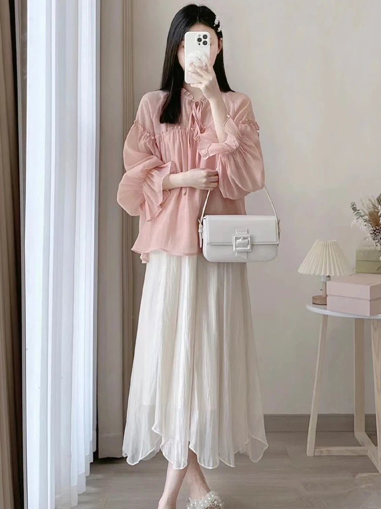 Korean Style New Elegant Fairy Fashion Lady Chiffon Top + Tulle Skirt Two-Piece Set Dress