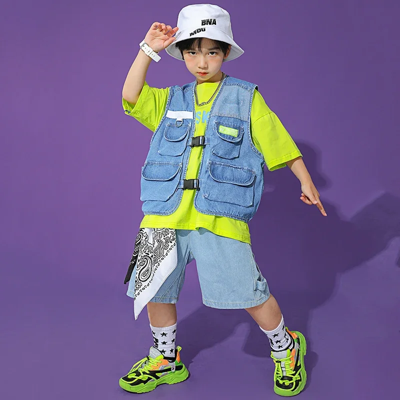 Street Dance Costume Girls HipHop Outfits Kids Stage Wear Hip Hop Dance Clothes 2021 New Cowboy Series Denim Vest Shorts