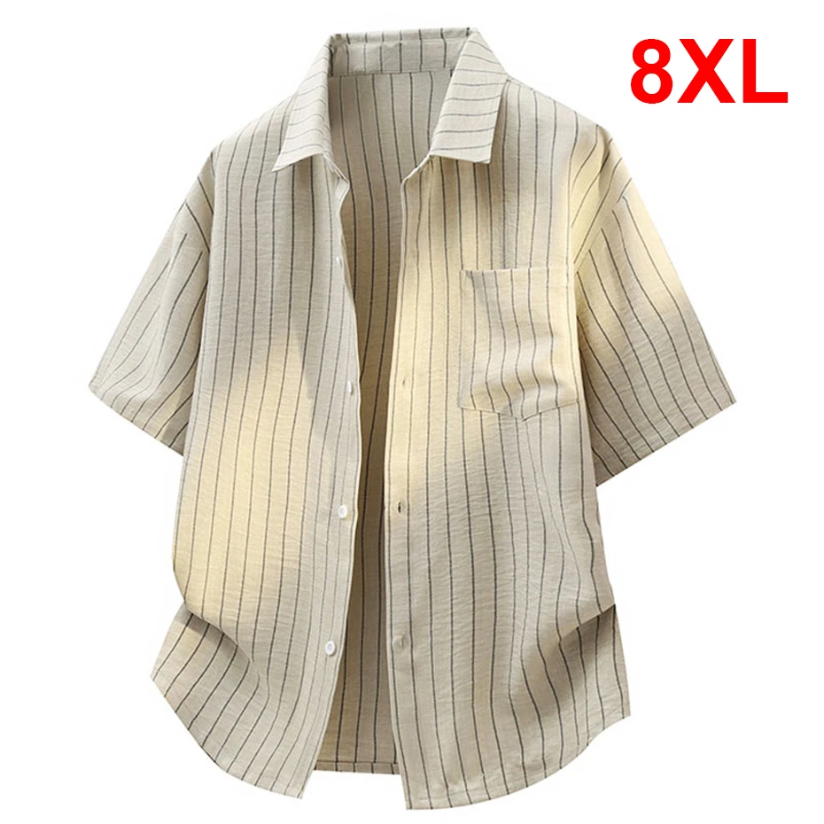 Summer Cargo Shirts Men 8XL Plus Size Short Sleeve Shirts Fashion Casual Stripes Shirts Male Summer Tops Big Size 8XL