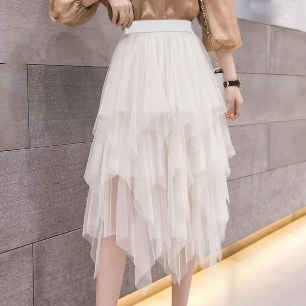 2026 New Fashion Women Skirt Elastic High Waist Irregular Multi Layer Hem Design Midi Skirt Sparkling Rhinestones Decor Slimming
