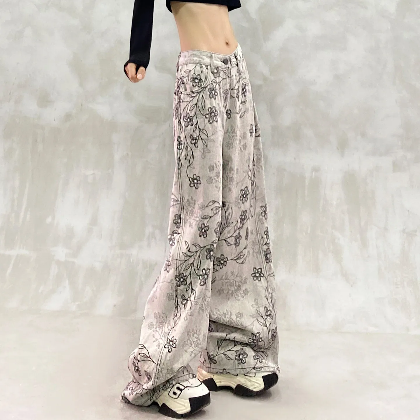 Jacquard Denim Pants for Women Washed High Rise Wide Leg Jeans with Draped Texture and Relaxed Straight Cut for Daily Outfits