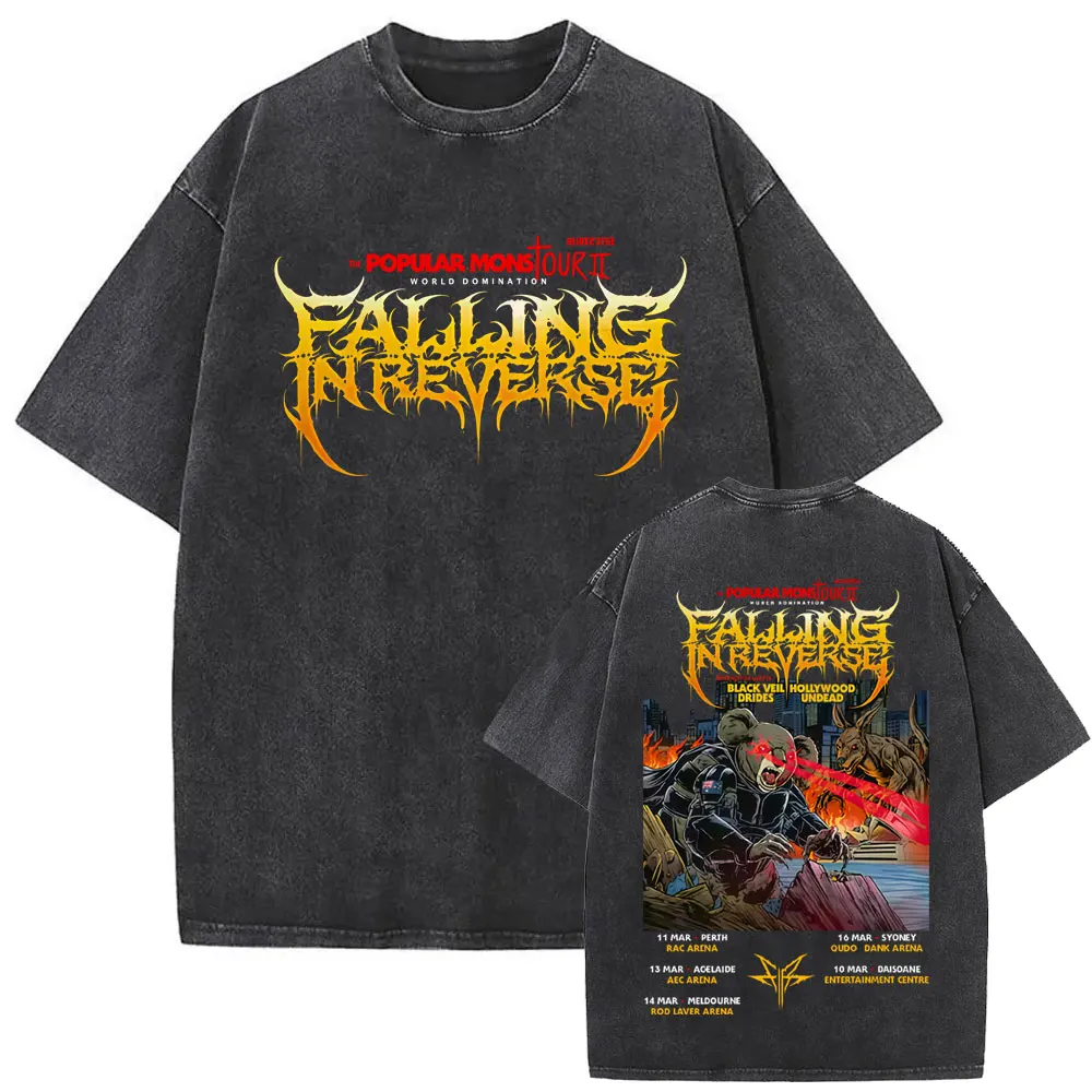 

Washed Vintage Falling in Reverse Popular Mons Tour II T-shirt Men Women Clothing Retro Rock Metal Oversized T Shirts Streetwear