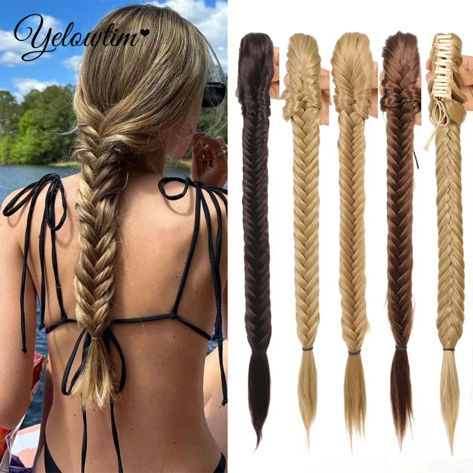 Synthetic Long Straight Claw Clip On Ponytail Hair Extensions 24Inch Heat Resistant Pony Tail Hair piece For Women Daily Party