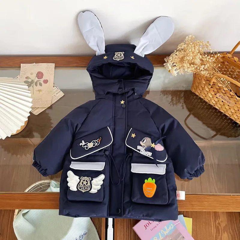 

2025 Kids Cartoon Rabbit Down Jacket, Navy Hooded Puffer Coat for Girls Winter Outerwear