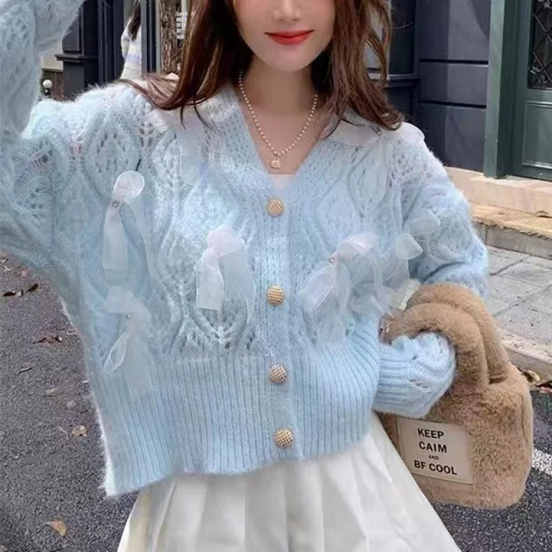2024 New Gentle Hollow-Out Long-Sleeved Sweater Women'S Plush Tassel Design V-Neck Loose Wholesale