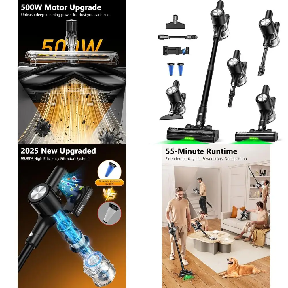 

Мощный беспроводной пылесос, 46 кПа, время работы 55 минут, самостоящийся, светодиодный дисплей, защита от запутывания, легкий вес для домашних ковров
