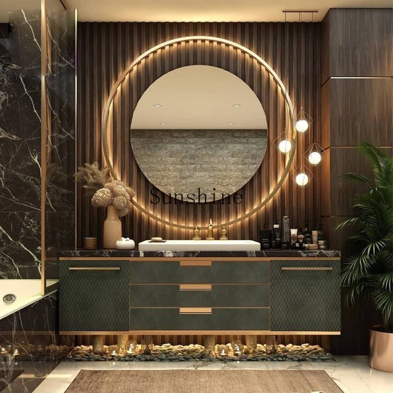 

Villa high-end custom bathroom hand wash basin pool rock slab solid wood combination modern light luxury