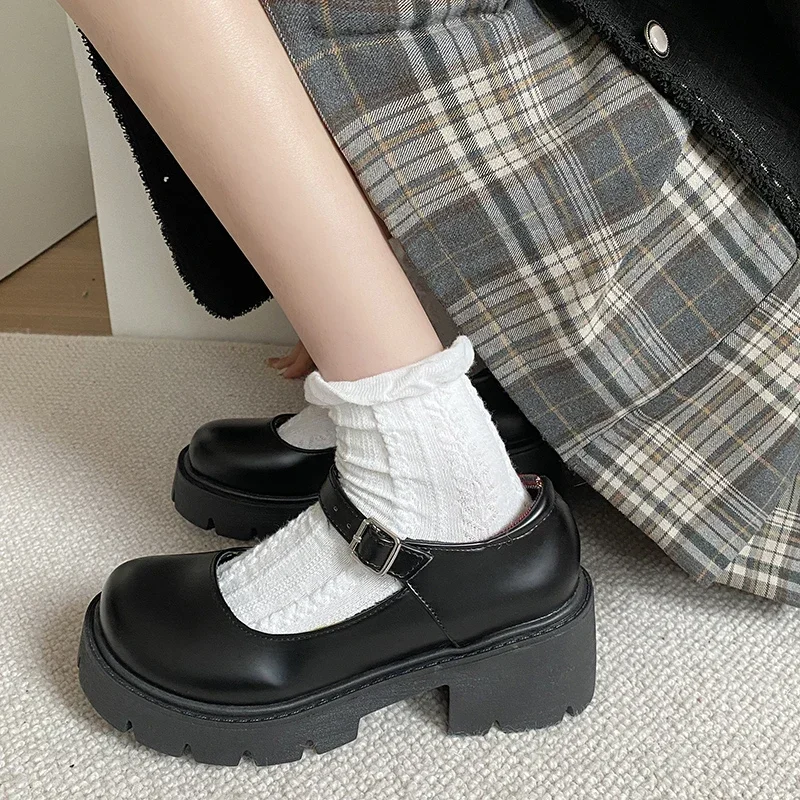 Platform Heels Mary Janes Simple Lolita Shoes Black Platform Shoes Student College Sweet Medium Heel Women's Single Shoes