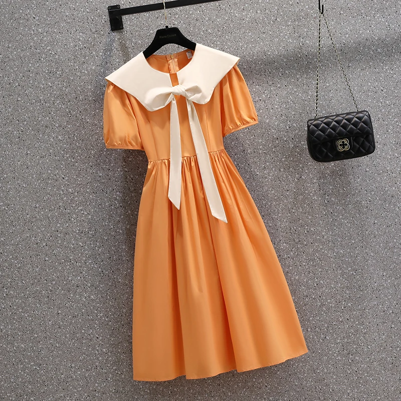 Women T-shirt Dresses Summer Female Doll Collar Short Sleeve Large Size Elegant A Line Orange Green Bandage Polyester Vestidos