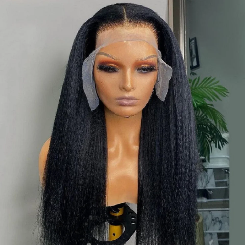 Preplucked Kinky Straight Soft Glueless 26inch Long Black Yaki Lace Frontal Wig For Black Women Babyhair Daily Cosplay