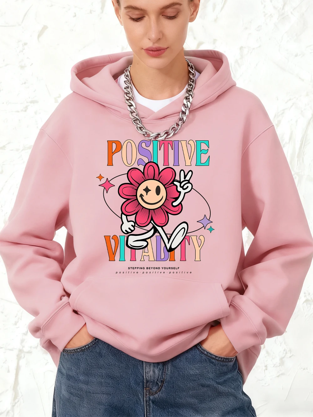 حيوية إيجابية الطباعة هوديس القطن المرأة الركض جيب البلوز رياضي فضفاض البلوز الشتاء الصوف الملابس النسائية