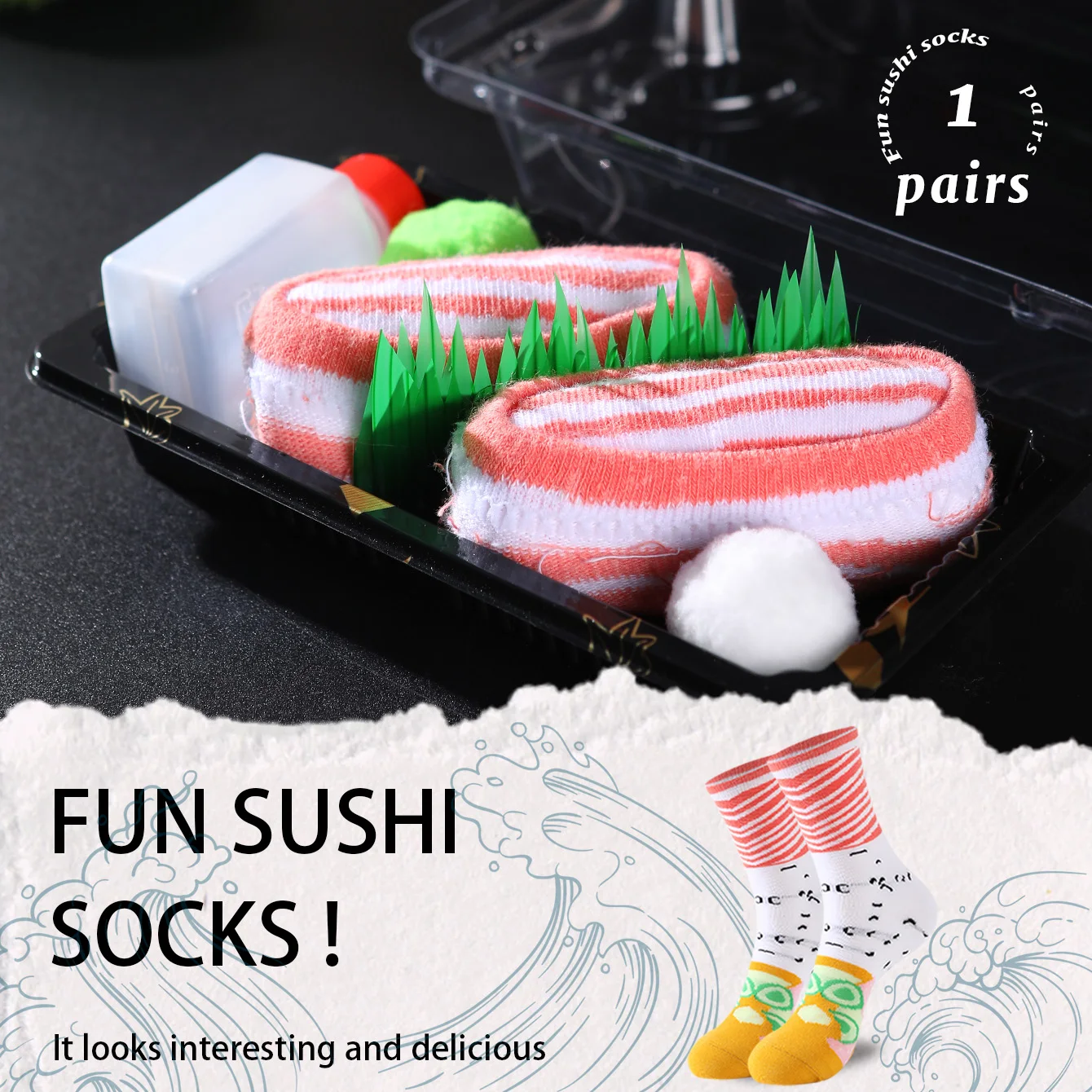

1 Pair of Mid-Calf Men's Socks, Suitable for Both Men and Women, Novel and Fun, Colorful Salmon Sushi Gift Box Socks, European and American Fashion Trend Style, Comfortable and Breathable, Party Casual Novelty Gift, Valentine's Day, Christmas, Santa Claus