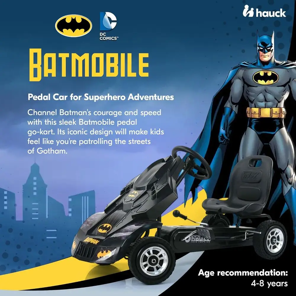 Batmobil Pedal Go Kart, Superheldenfahrt auf Batman-Autofahrzeug für Kinder, Schwarz