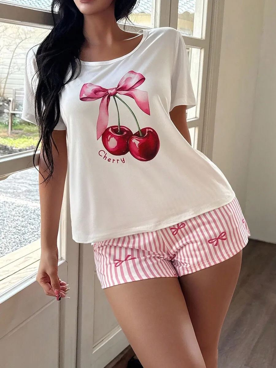 Cherry Print Short Sleeve Sleep Top With Striped Shorts Women Pajama Set