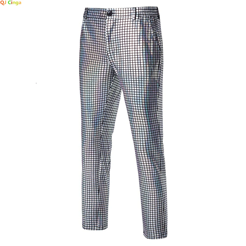 2024 New Silver Plaid Suit Pants Men\'s Fashion Trousers Black Blue Green Pantalones Hombre Fashion Casual Pant S-XXXL