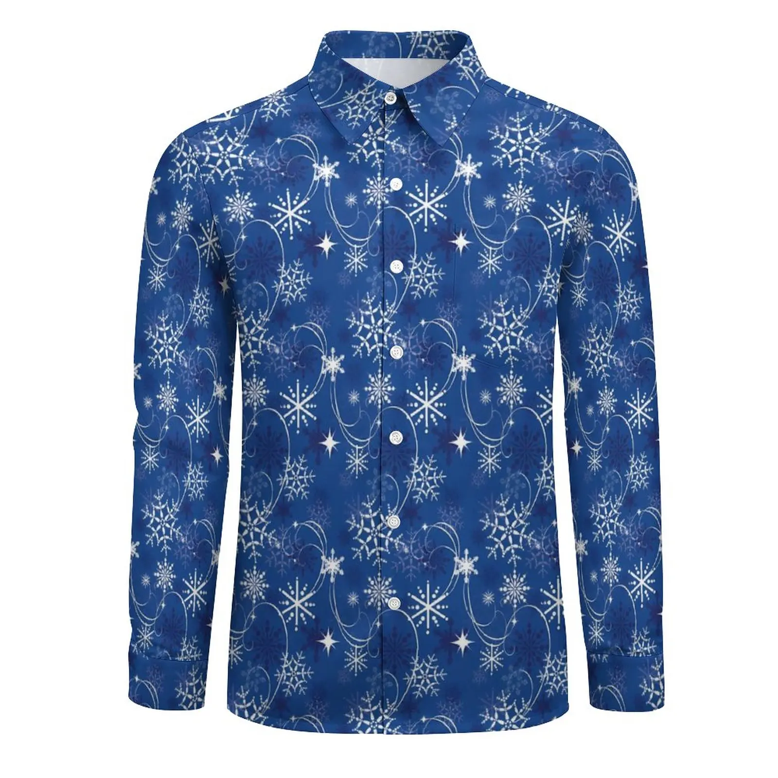 Snowflake Sparkle Shirt Spring Blue And White Casual Shirts Men Vintage Blouse Long Sleeve Custom Harajuku Clothing Plus Size