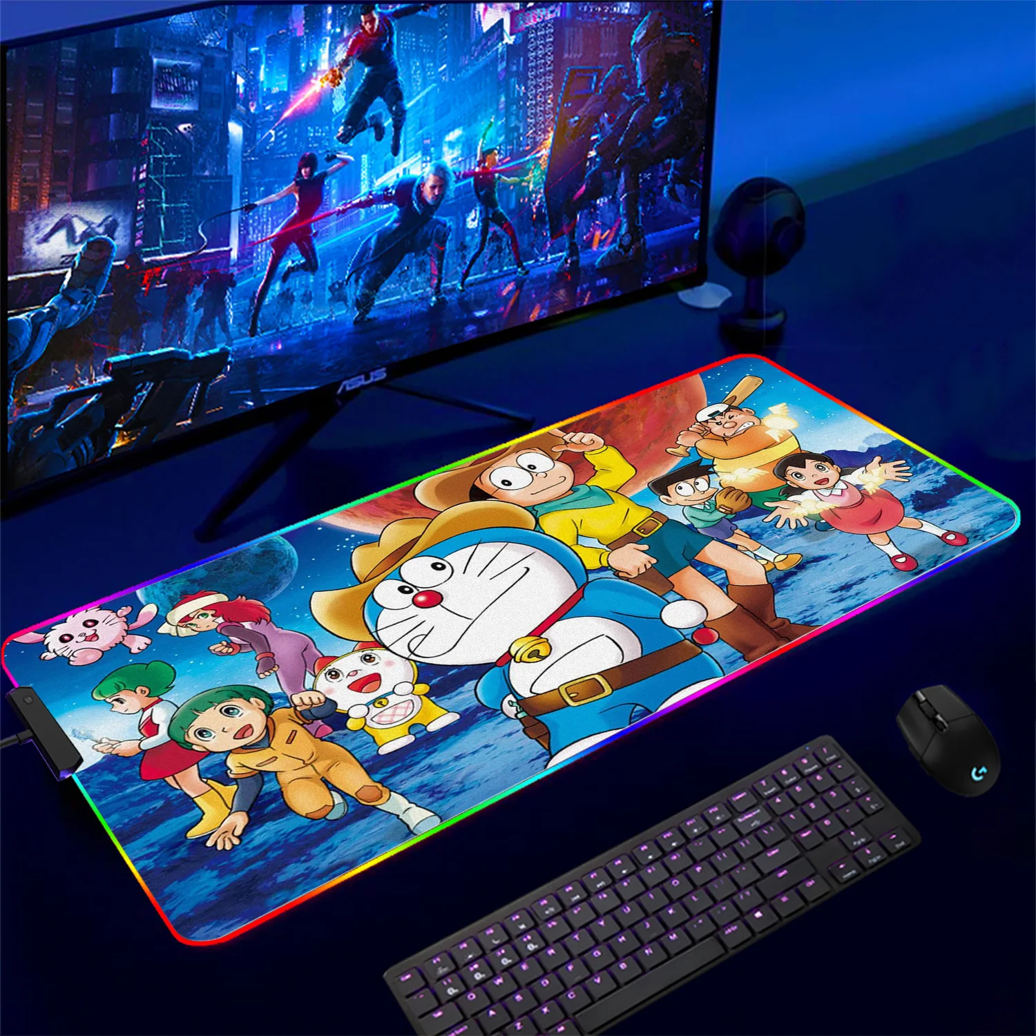 

Doraemon Mousepad RGB Mouse Pad Pc Gamer Desk Carpet Gaming Mouse Mat Deskpad Computer Table Anime Accessories Keyboard LED D-