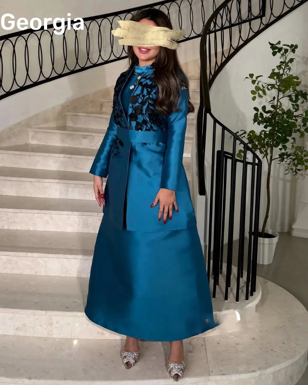 Abiti di lusso personalizzati Abiti da sera con scollo rotondo Colonna Abiti da ballo alla caviglia Fiori Cerniera Maniche lunghe Festa elegante