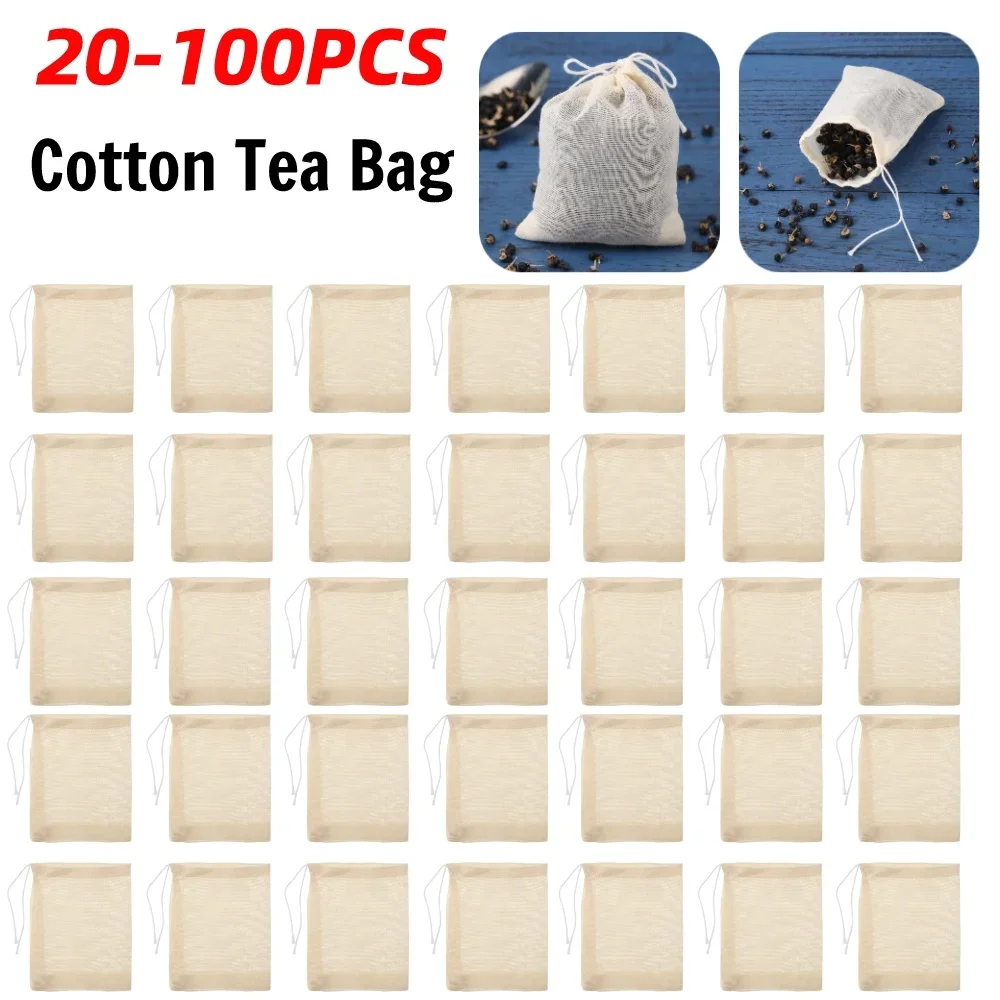 20–100 Stück 6–15 cm leere Teebeutel mit Schnurfilter für Gewürztee-Ei, Kräuter, loser Tee, Suppe, Teebeutel, Baumwollgaze, Teefilterbeutel
