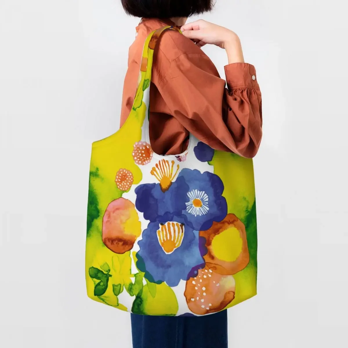 Custom Recycling Abstract Flowers Print Shopping Bag Women Canvas Shoulder Tote Bag Washable Modern Style Grocery Shopper Bags