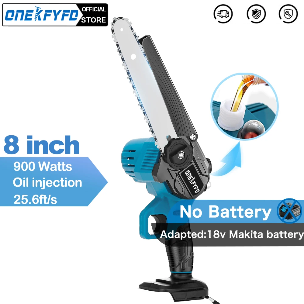 900 Watts Cordless Chainsaw 8 Inch Power Chain Saws with Oil Spray Rechargeable Cutting Tree Trimming for Makita 18V Battery