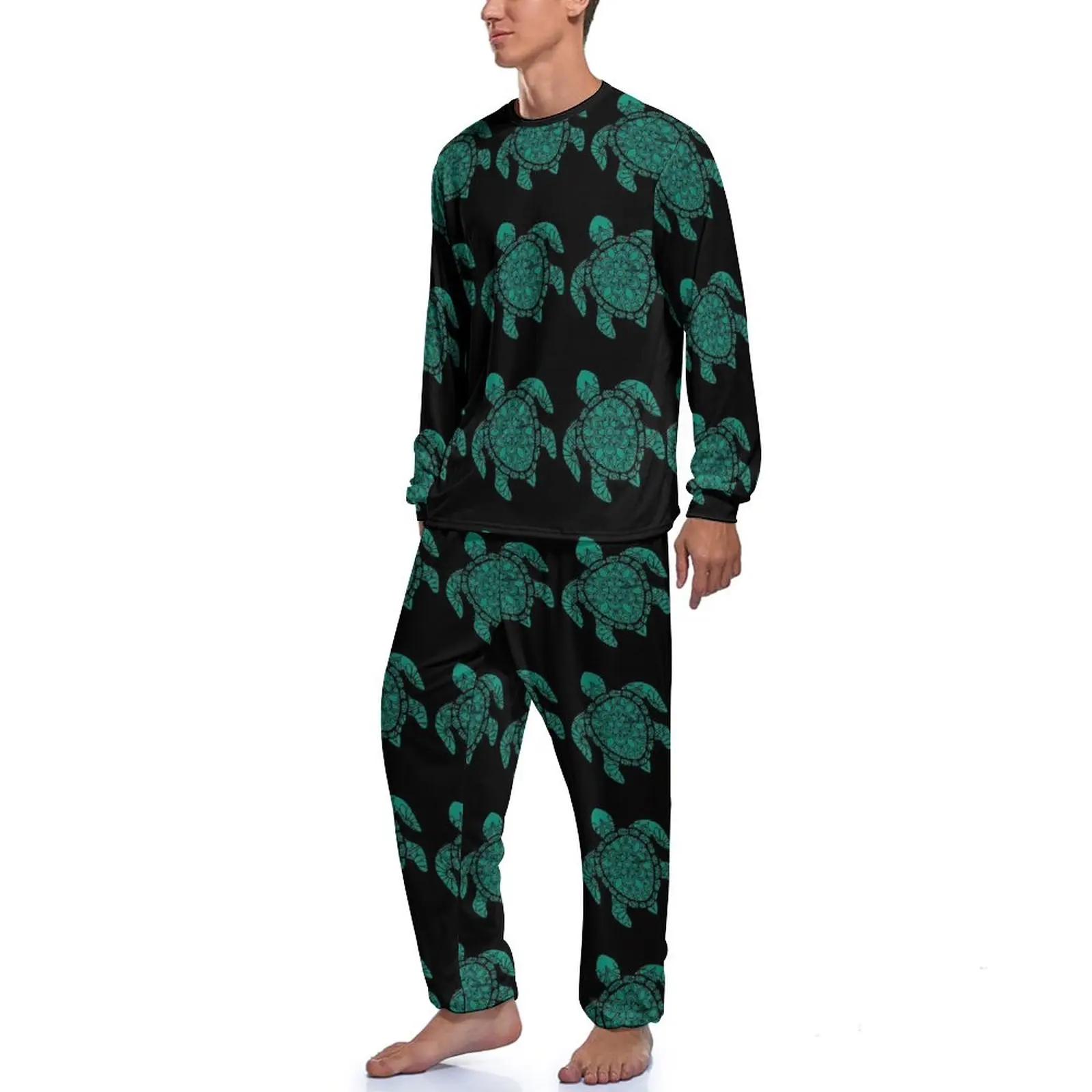 Sea Turtle Pajamas Autumn Mandala Print Night Nightwear Male 2 Pieces Design Long Sleeve Kawaii Pajamas Set