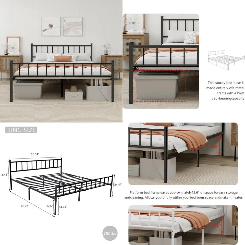 

Sturdy Steel Slat King Size Bed Frame - No Box Spring Needed, Easy Assembly, Black