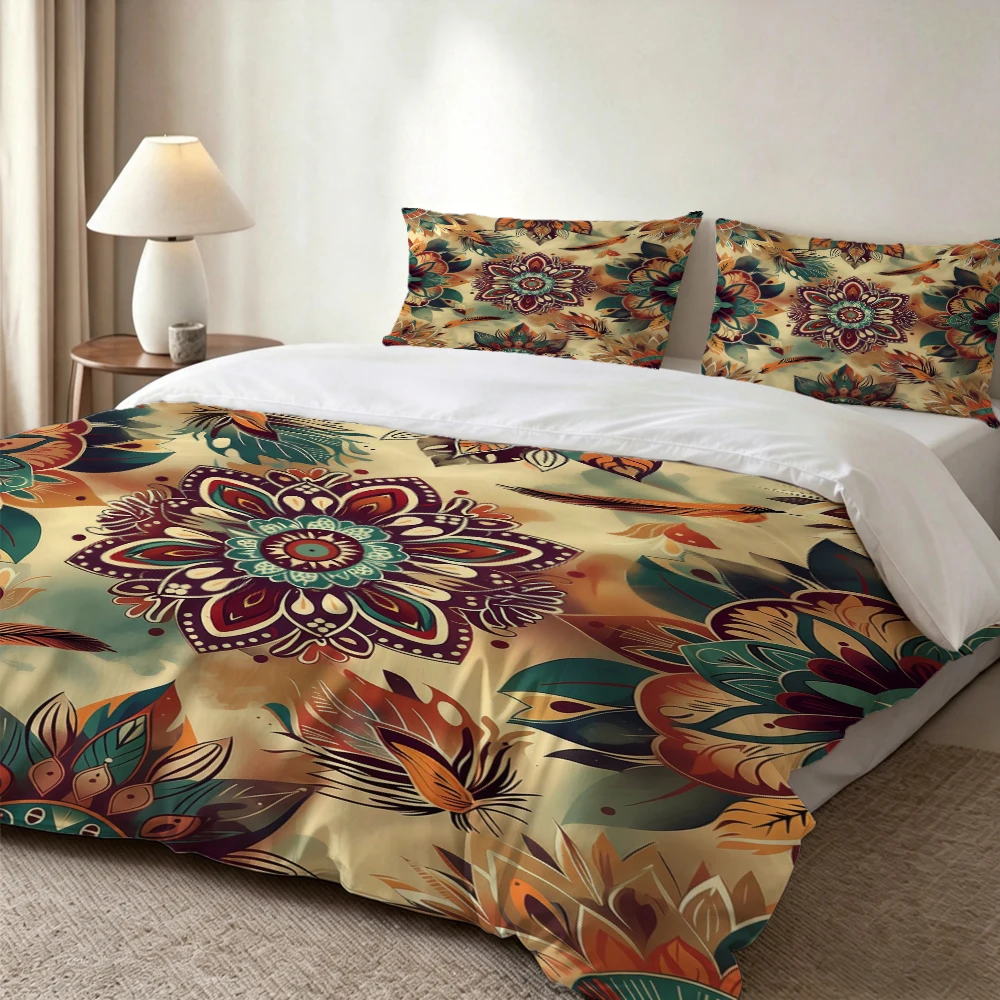 

High-Definition Digital Printed Bedding Set, Bohemian Ethnic Style Mandala Floral Feather Pattern Duvet Cover Set, Large Floral Print Duvet Cover Set, Includes 1 Duvet Cover + 2 Pillowcases, Suitable for Bedroom, Guest Room, Home Decoration, Polyester Fib
