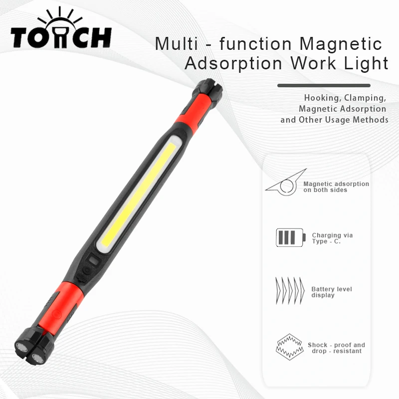 Rechargeable LED work lamp with magnetic spotlight featuring COB high-brightness light strips