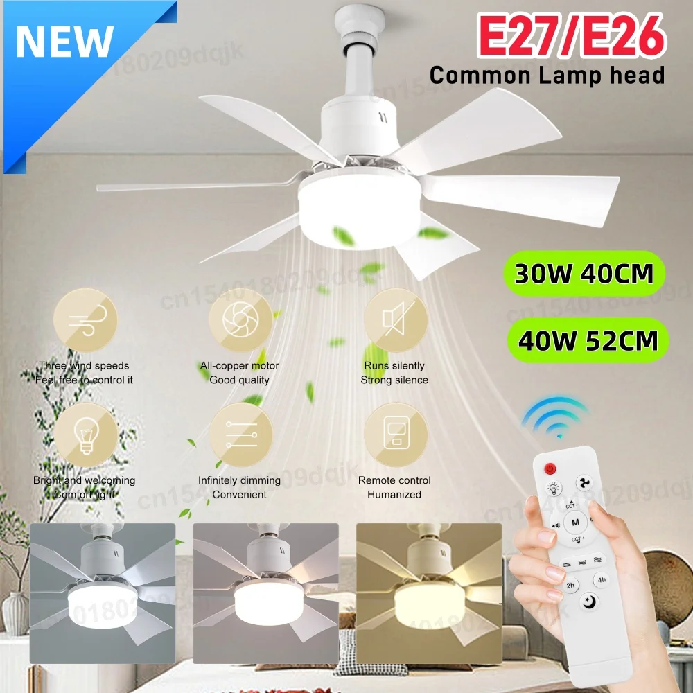 

Socket Fan Light with Remote 40/52cm Small Ceiling Fan with LED, E26/27 Cordless Light Screw Fan for Kitchen Bedroom, Small Room
