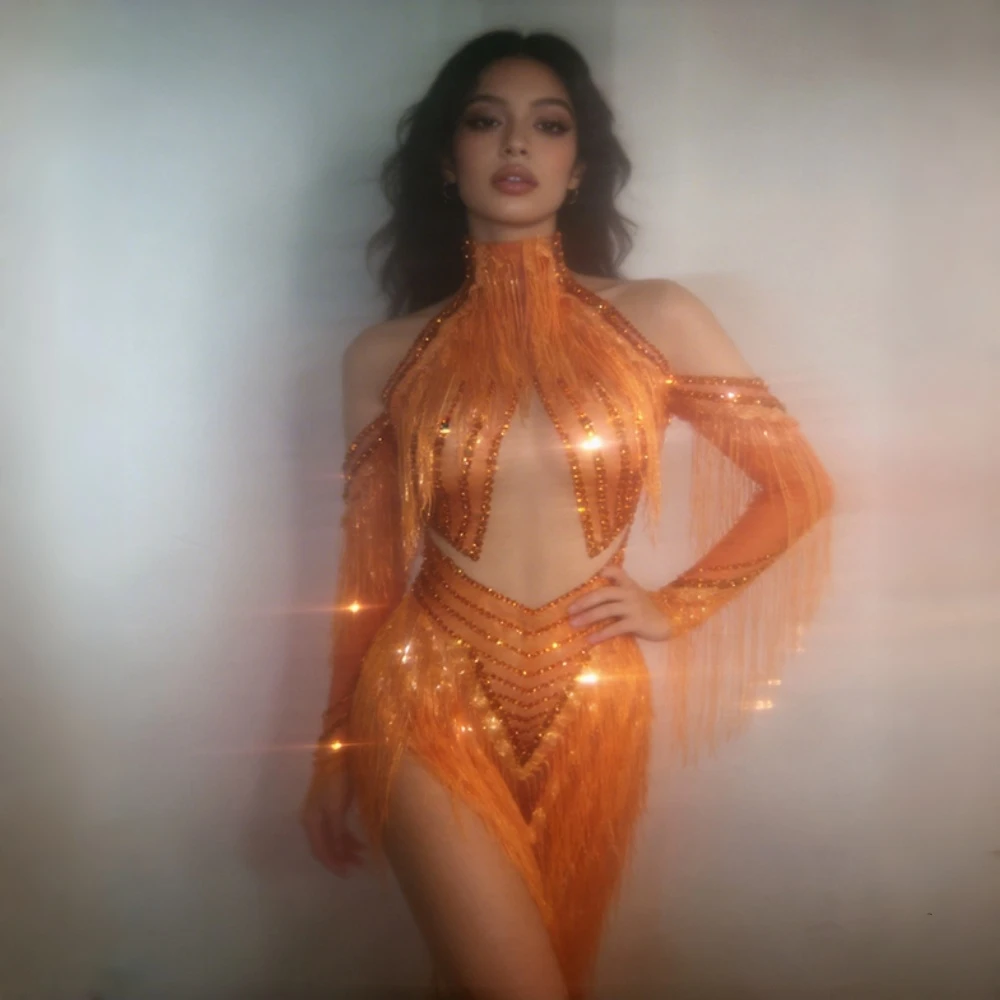 Body de Lentejuelas Naranja Brillante con Borlas para Mujer, Halter con Hombros Descubiertos y Aberturas, Traje de Baile Latino para Club y Escenario Chengzi