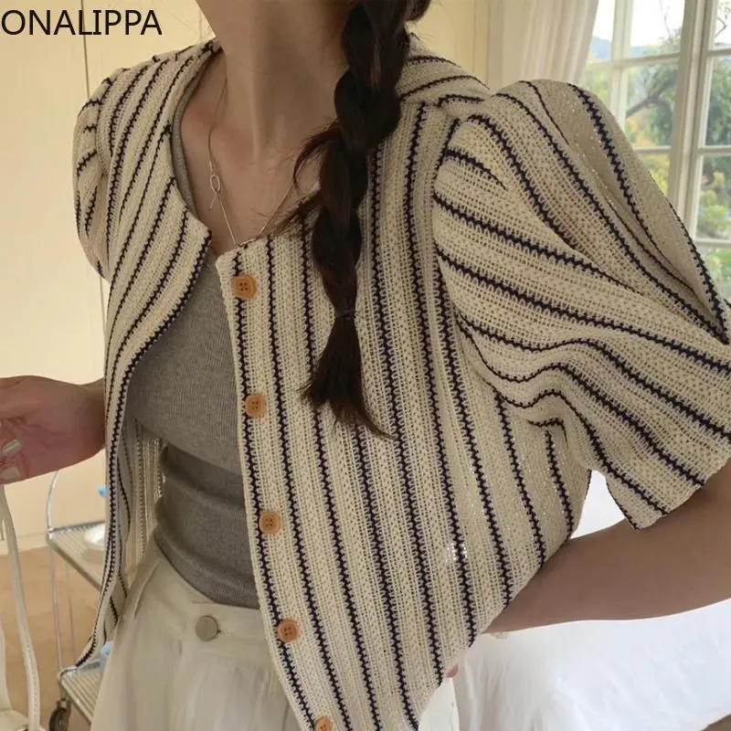 Onalippa Puff Short Sleeves Women Tops Single Breasted Loose Thin Cardigans Women French Style Small Fragrance Sweet Cardigan