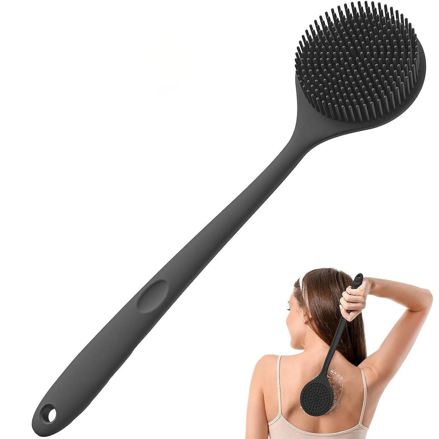 Silicone Back Scrubber(Thin Bristles), Light & Easy-to-Hold Shower Brush for Skin Cleaning and Exfoliating with a Free Hook