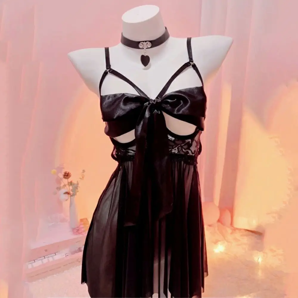 

Fashion Bowknot Lace Nightgown Hollow Transparent Camisole Nightwear Sweet Women Lingerie Mesh Nightdress Home