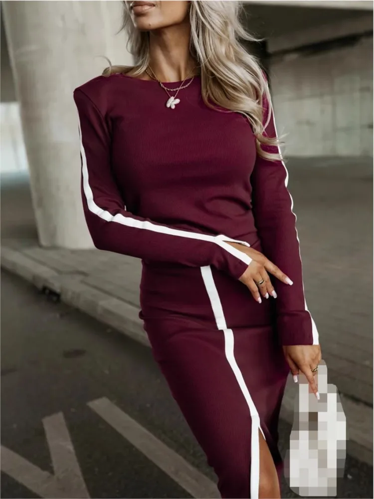 2024 New Autumn Winter Women's Fashion Solid Color Sexy Split Casual Long Sleeve Two Piece Skirt Set For Women