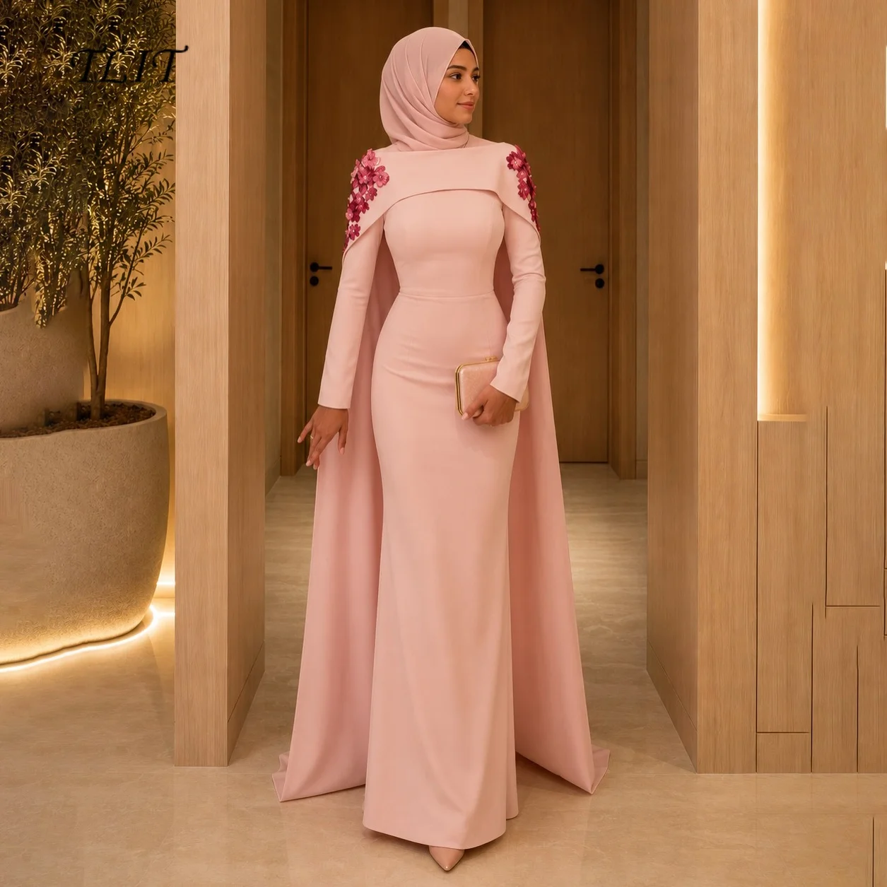 TLIT Maßgeschneidertes Rosa Muslimisches Abendkleid mit Langen Ärmeln, Meerjungfrauen-Schnitt und Cape, Blumenmuster, Elegantes Formelles Kleid für Gala-Veranstaltungen