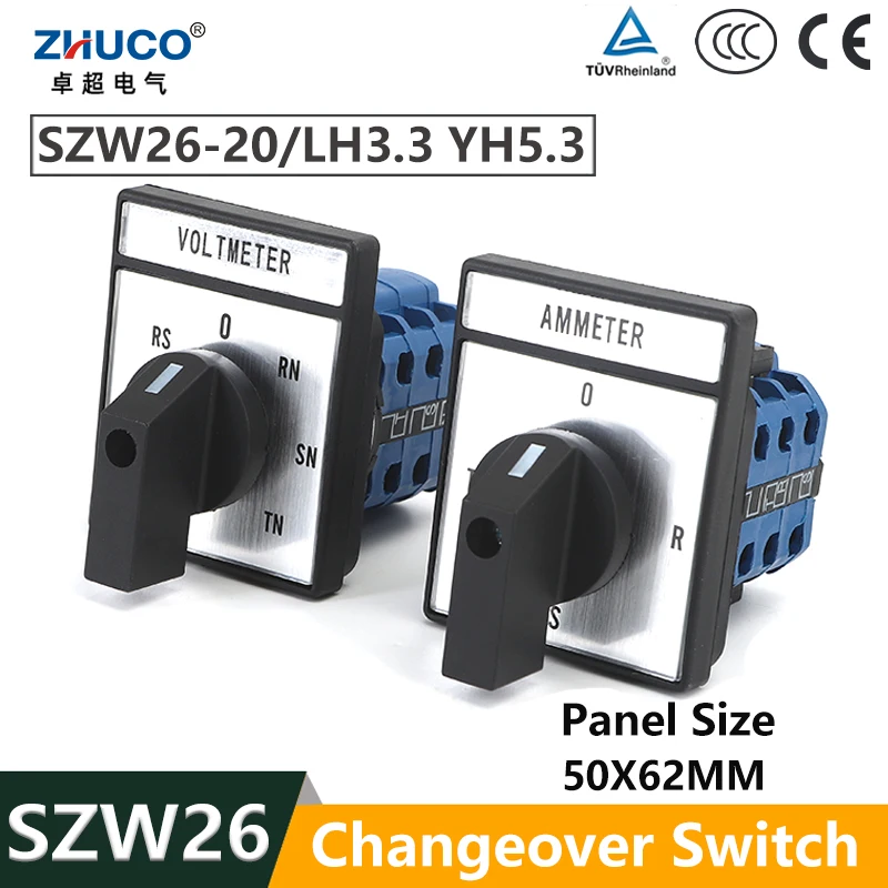 ZHUCO SZW26/LW26-20 YH5.3 LH3.3  20A 3 Poles Ammeter 4 Positions Voltmeter 7 Positions Selector rotary Cam Changeover Switch